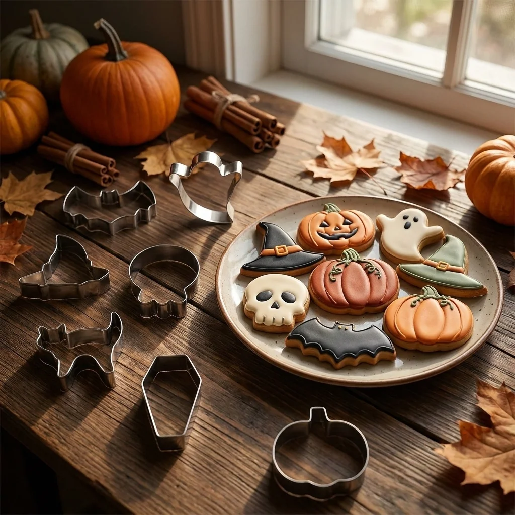 7Pcs Halloween Cookie Cutters Set, Stainless Steel Biscuit Molds, Bat Ghost Witch Hat Skull Black Cat Coffin Pumpkin Shapes