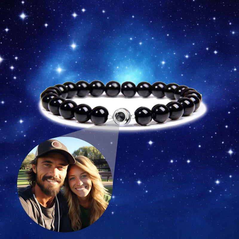 

Custom Color Picture Projection Bracelet Natural Black Agate Beaded Bracelet For Man Girlfriend 2025 Hot Valentine Birthday Gift
