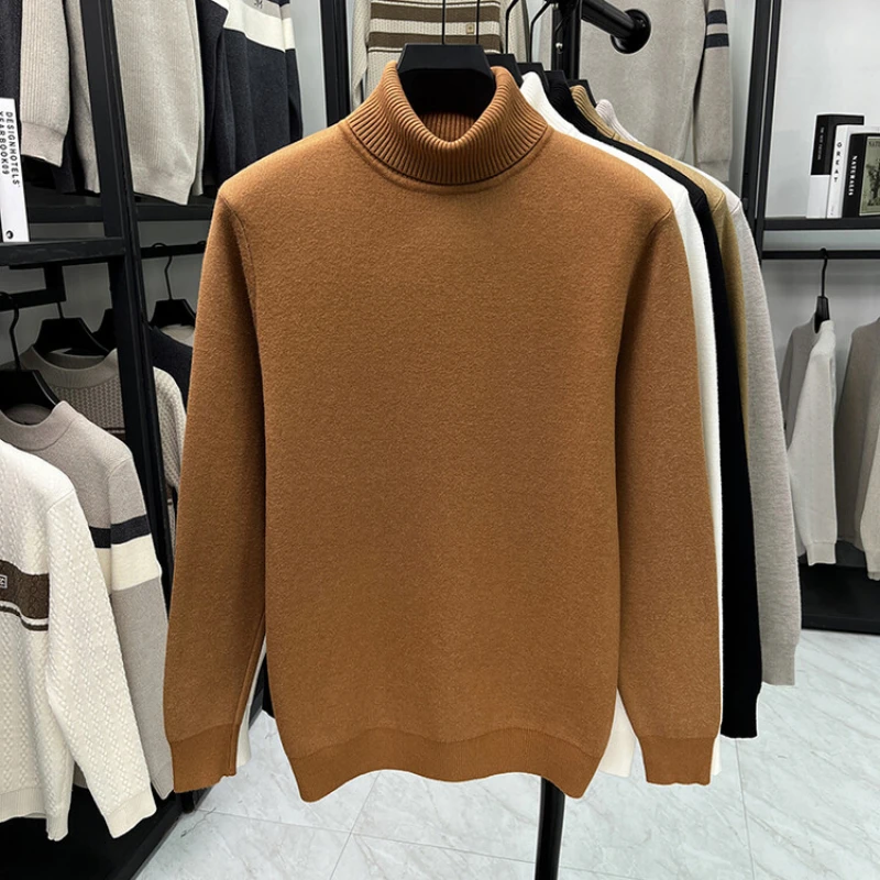 Men's High Quality Turtleneck Sweater, Slim Fit Long Sleeve Pullover, Fashion Handsome Guy Pure Color All-Matching T-shirt