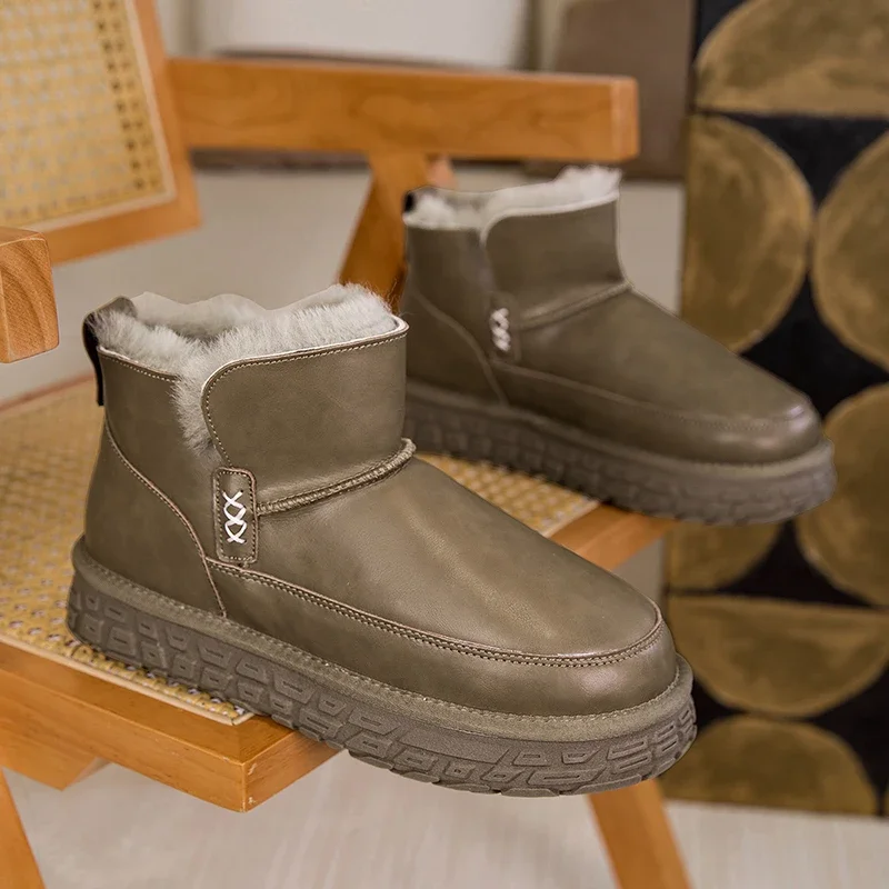 

Autumn and Winter Couple's Solid-color Leather Boots with Simple Design High-quality Brand Design Fleece and Warm Snow Boots