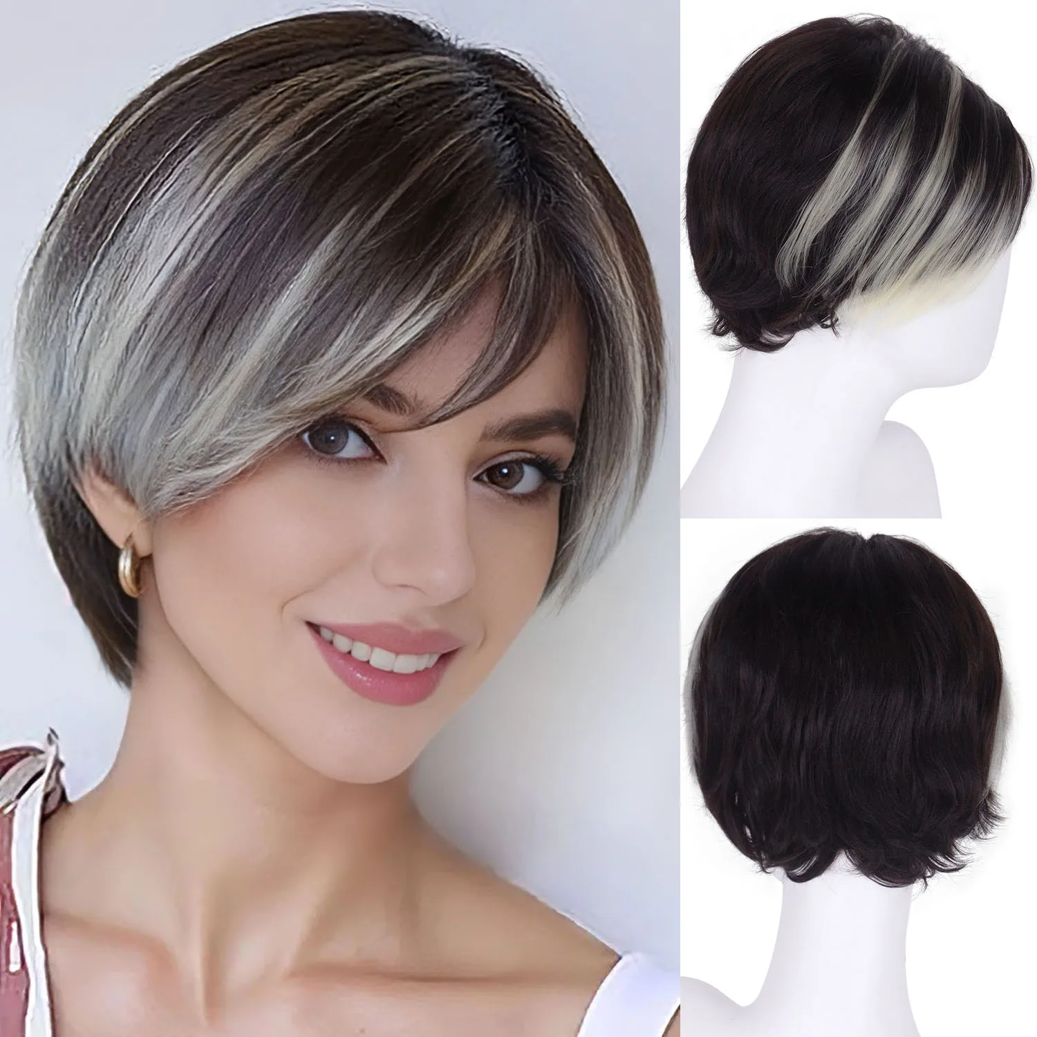 

Парики смешанного цвета из синтетических волос с челкой Короткие парики боб для женщин Темно-коричневый с светлым мелированием Парик Повседневный костюм для вечеринки