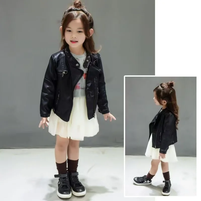 

2026 Spring Autumn Girls Boys Leather Jackets New Baby Pu Outerwear Kids Clothing Zipper Coats