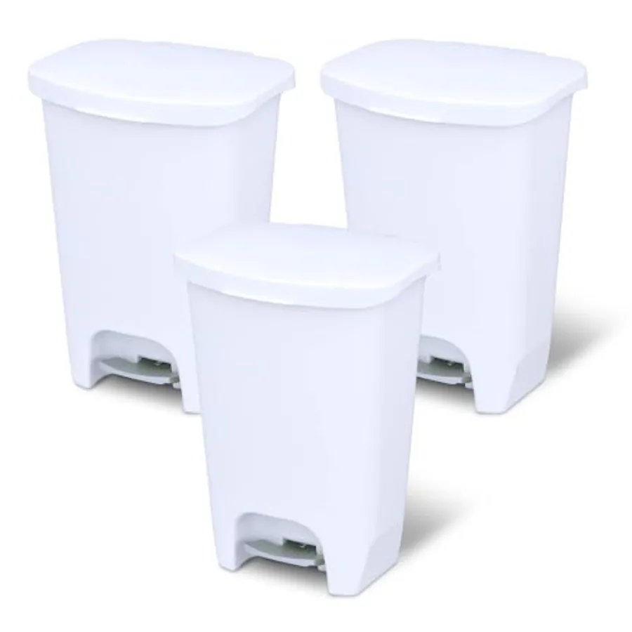 

3 Pack 13 Gal Plastic Kitchen Trash Can with White Odor Protection Lid and Hands-Free Step-On Foot Pedal Includes Garbage Bag R