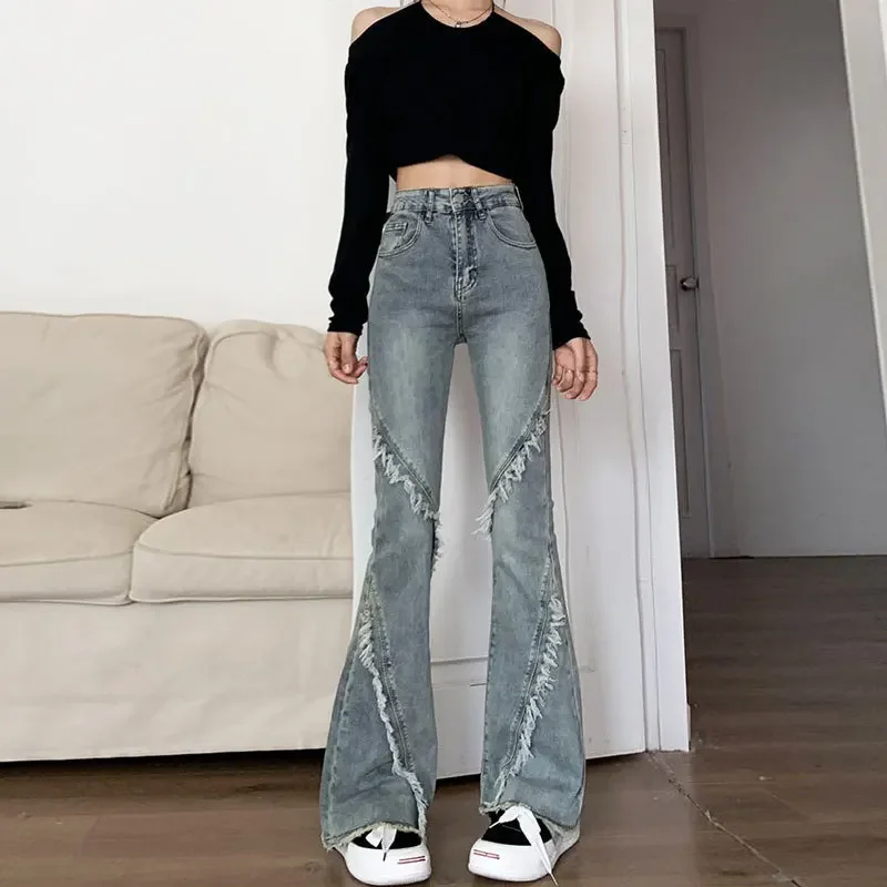 Rough Selvedge Splice Micro-flared Jeans, Women's Autumn New Slim Retro High-waisted Long Pants, Water Washing Make Old Jeans