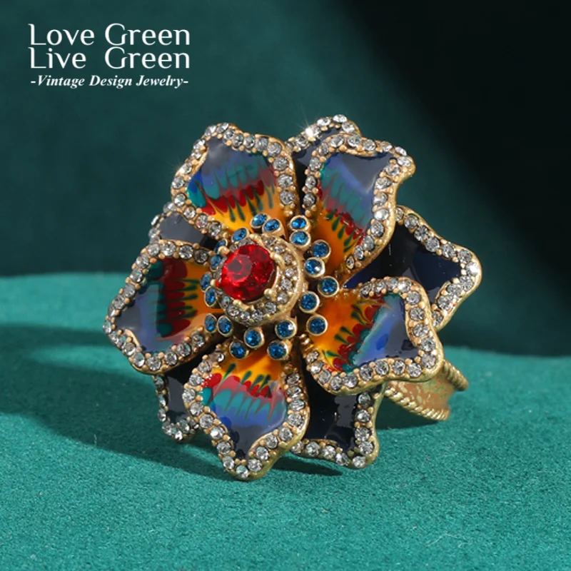 

Antique Gold Color Flower Ring Decoration Woman Floral Luxury Rhinestones Enamel Vintage Jewelry Designer Valentine Day Gift