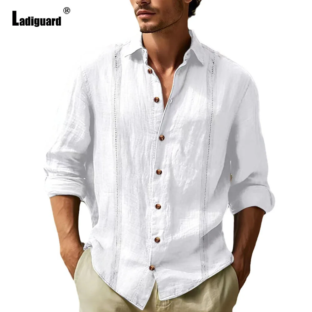 Ladiguard 2025 European Style Fashion Basic Linen Shirt Blouse Men Long-sleeved Costume Hollow Out Tops Camisa Mens Clothing New