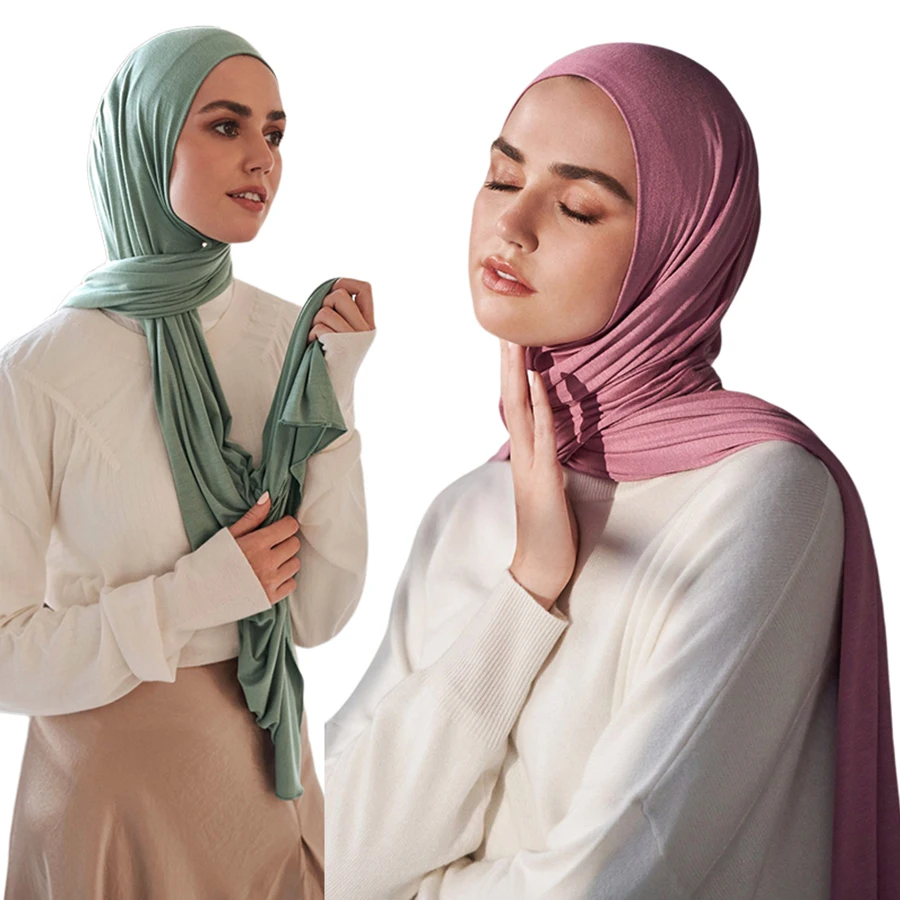 Jersey Hijab Scarf Women Winter Warm Plain Solid Elasticity Cotton Shawls and Wraps Large Size Headband Muslim Hijab Scarves