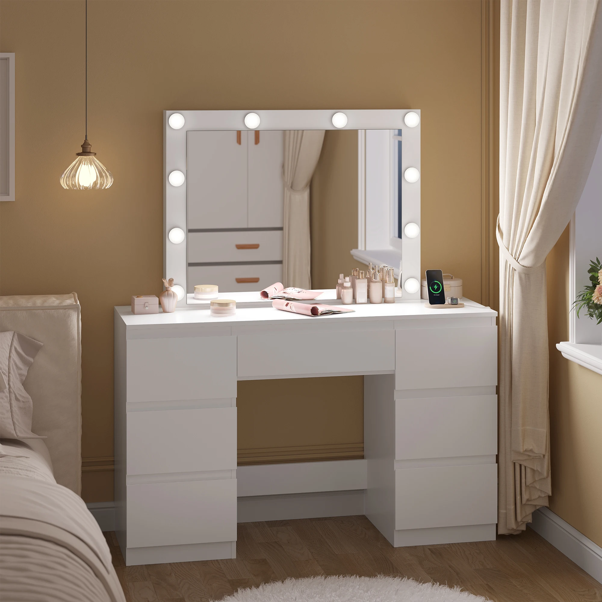 WOLTU Coiffeuse blanche pour filles/femmes, avec grand miroir, 7 tiroirs, bureau de maquillage avec lumières LED, prise de charge