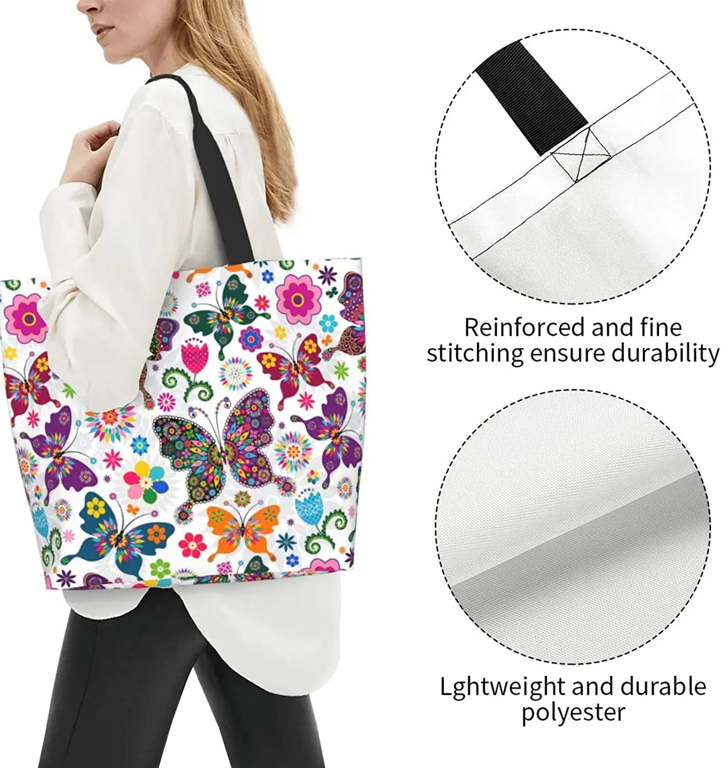 Butterfly Pattern Tote Bag Large Shoulder Bag Casual Reusable Handbag for Women Shopping Grocery Work