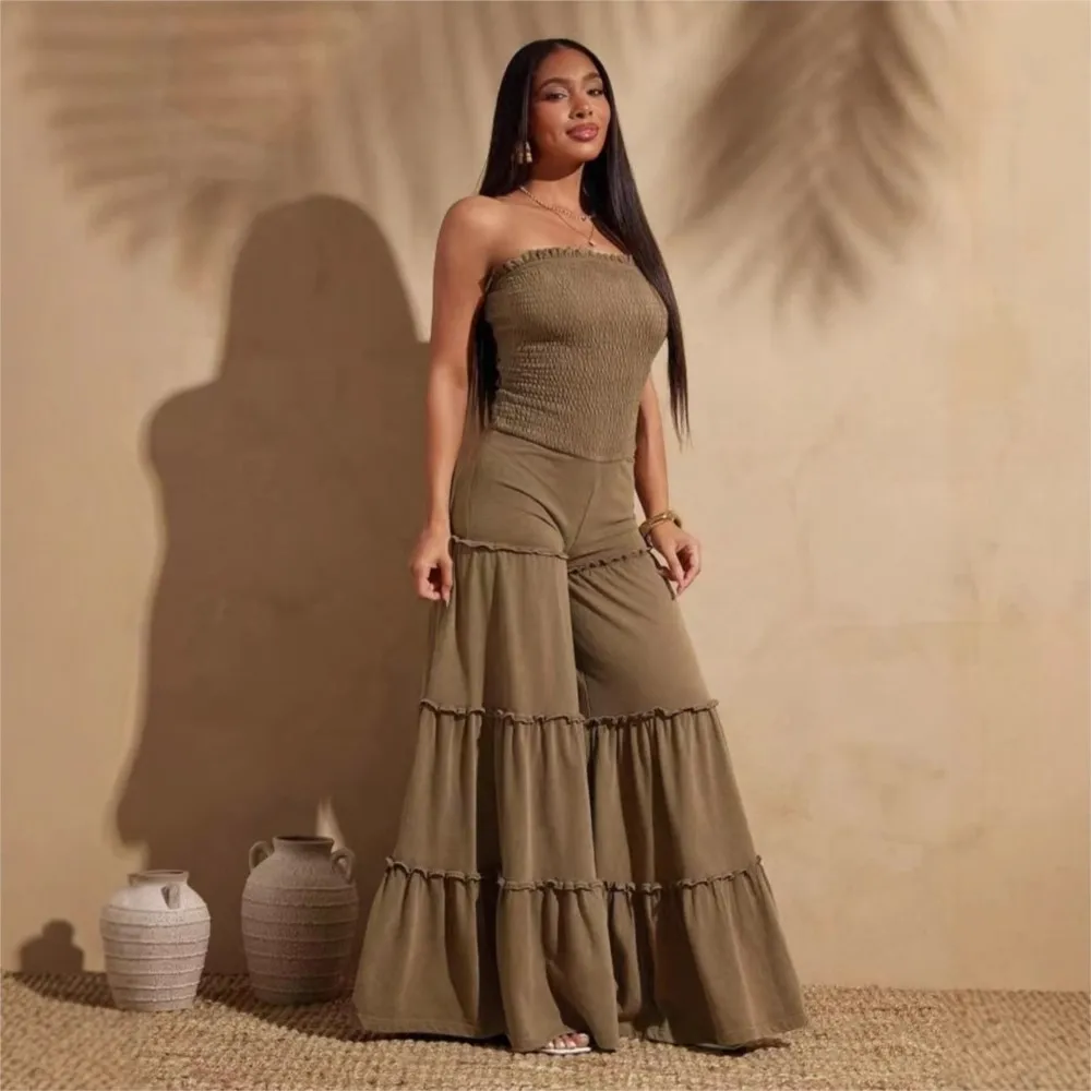 Dwuczęściowy zestaw: top tuba z wysokim stanem i spodnie w kształcie litery A, wyszczuplający, casualowy, na wiosnę i jesień, zestawy spodni, Conjuntos De Mujer