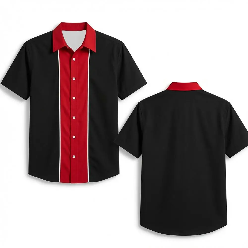 Men Vintage 1950s Cotton Bowling Shirt Rockabilly Color Block Striped Short Sleeve Lapel Button Down Summer Streetwear Shirts