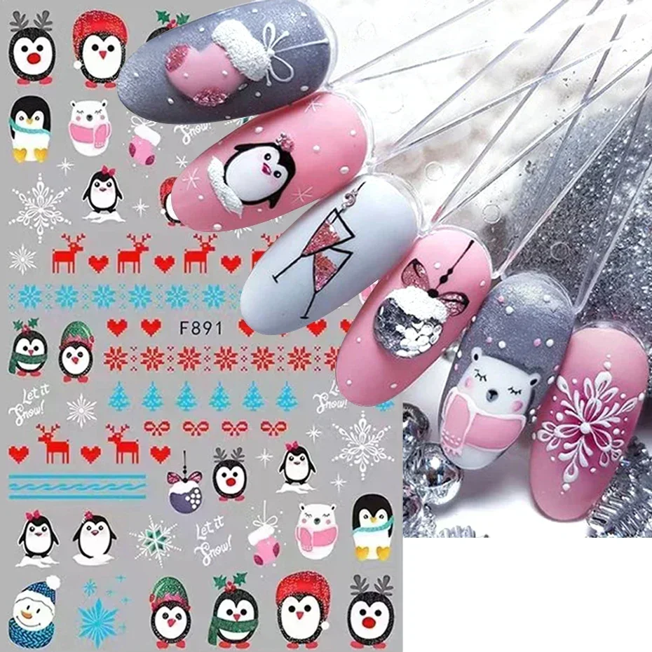 Merry Christmas Penguin Nail Art Sticker 3D Slider Deer Santa Claus Decal New Year Nail Decorations Sticker Manicure Accessories