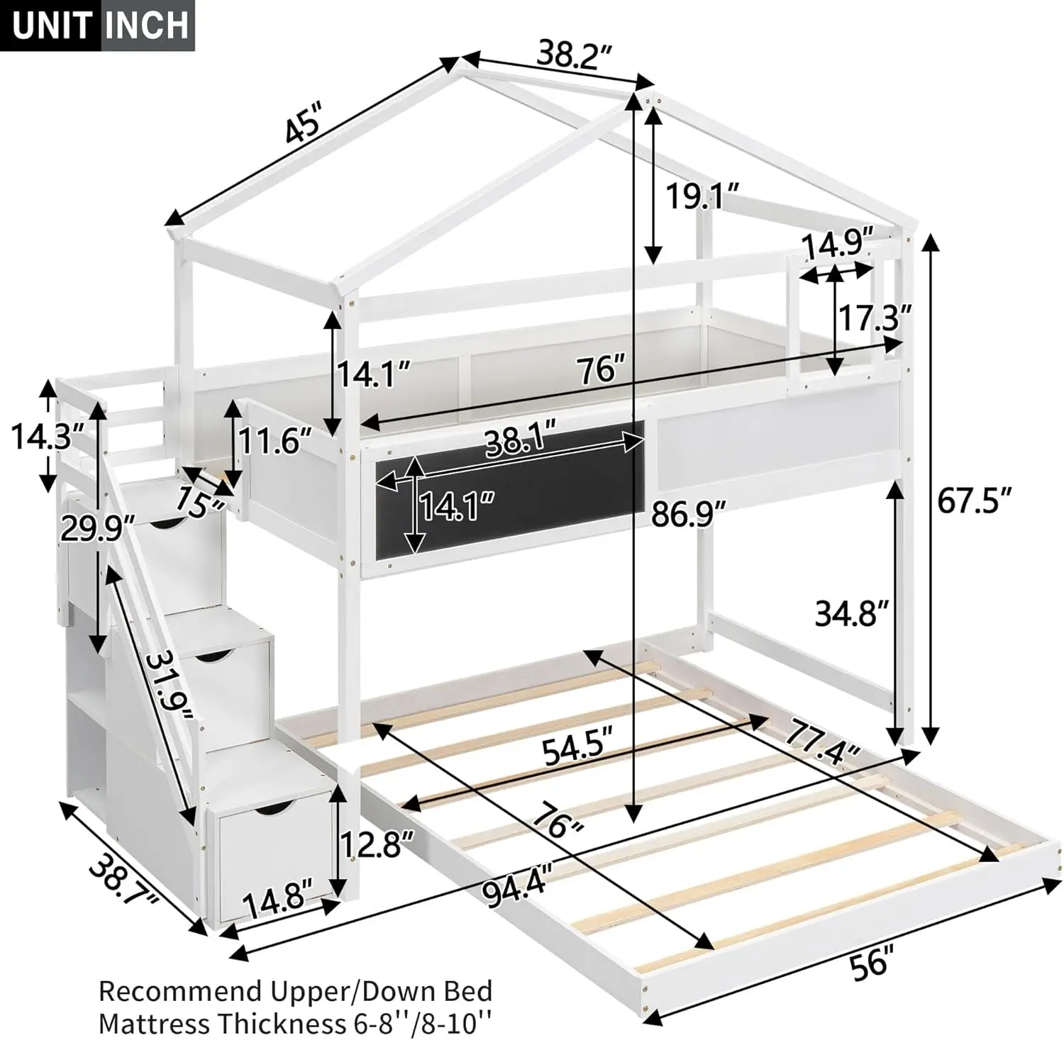 Merax Twin Over Full House Bunk Bed With Storage Staircase & Blackboard, Wood Kids Bunk Bed With Roof And Safety Guardrails,