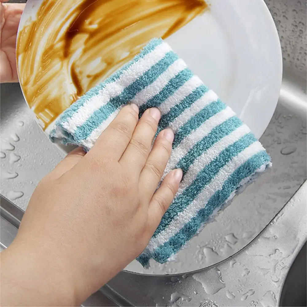 Microfiber Cute Tableware Striped Flower Coral Velvet Kitchen Tool Wiping Rag Dish Towel Cleaning Cloth Wash Cloth