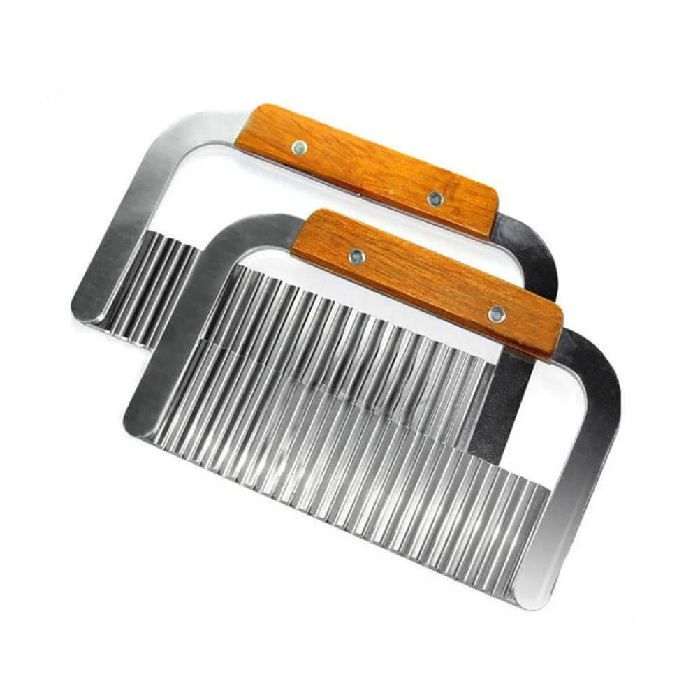 Cortador arrugado ondulado, mango de madera de acero inoxidable para verduras, patatas, patatas fritas, encurtidos, huevos, guarniciones, a prueba de herrumbre, fácil