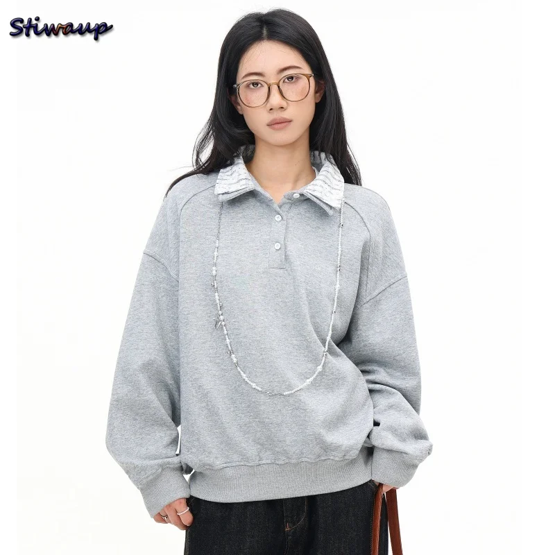 

Women's Oversized Sweatshirt Gray Color Block Lapel Drop Shoulder Long Sleeve Sporty Woman Sweatshirts Pretty Women's Sweaters