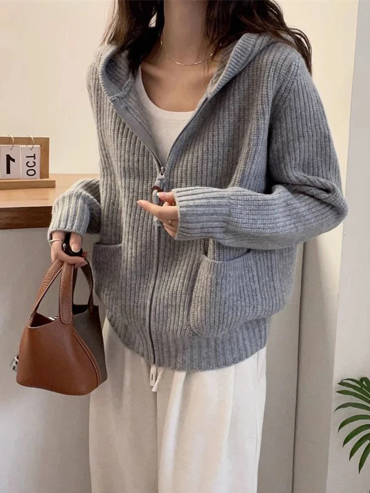 Women's Cashmere Hooded Cardigan Sweater Thickened Loose Fit Zipper Coat for Autumn Winter 100% Woolen Outerwear