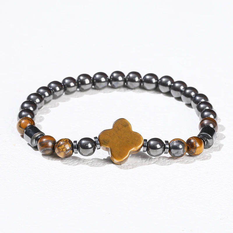 JD Natural Stone Four-Leaf Clover Lucky Charm Bracelets Women Trendy Simple Handmade Hematite Health Protection Stretch Jewelry