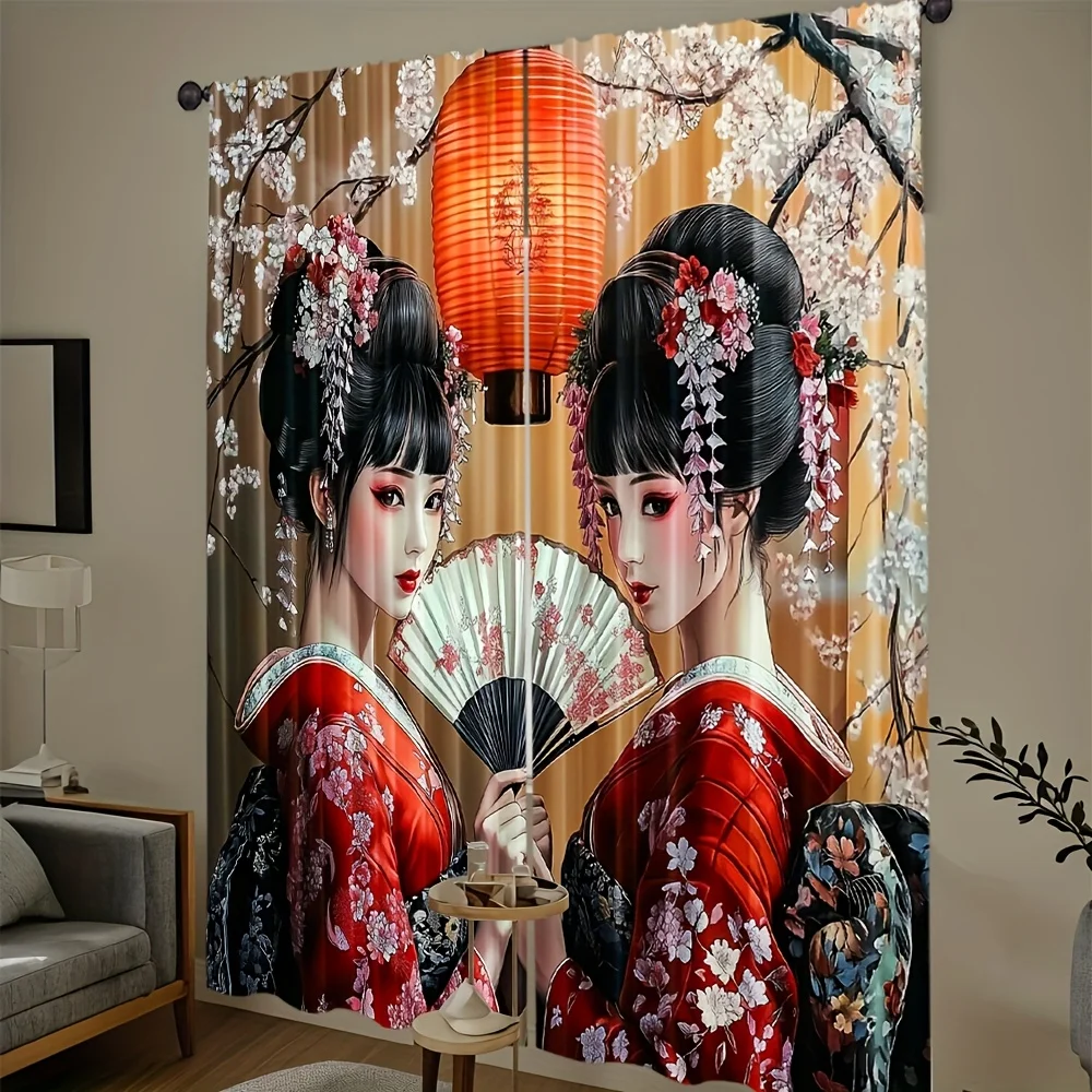 2 Panels Japanese Geisha Printed Curtains Cherry Blossom Lantern Pattern Polyester Living Room Bedroom Window Drapes Home Decor