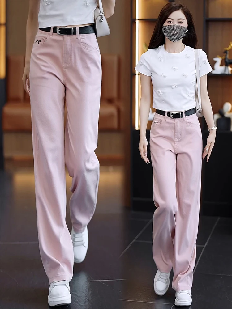 

Розовые шелковые прямые джинсы для женщин, летние, тонкие, с высокой талией, свободные, повседневные, узкого кроя, широкие брюки, для офиса, длинные брюки