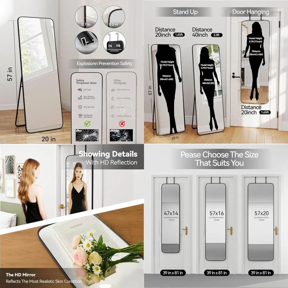

57 Full-Length Wall-Mounted Metal Frame Mirror, 5.7ft Tall, 1.3ft Wide, Black for Home Decor