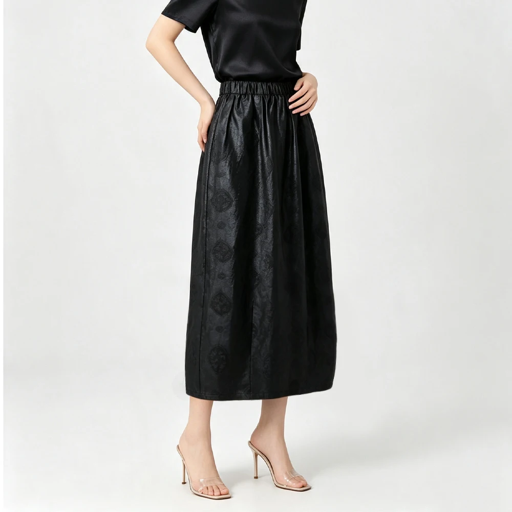 Women's Fashion Clothing 100% Natural Mulberry Silk Jacquard Fragrant Cloud Yarn Elastic Waist Split Black Cocoon Shaped Skirt