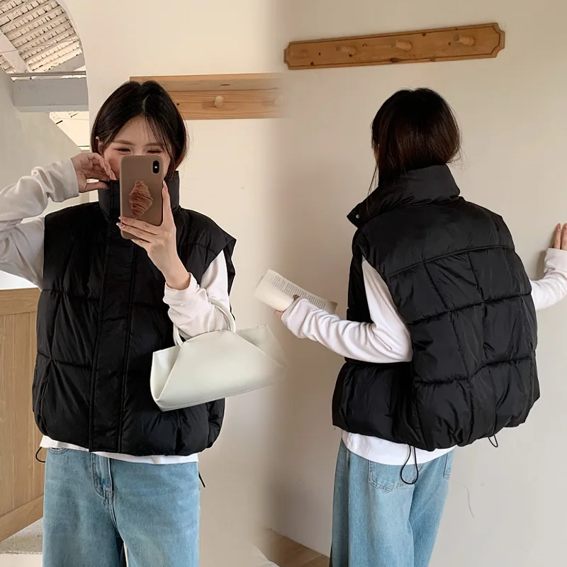 Solid Women Parkas Vest Coat Oversize Jacket Sleeveless Stand Collar Drawstring Hem Zipper Thick Loose Casual Autumn Winter 2025