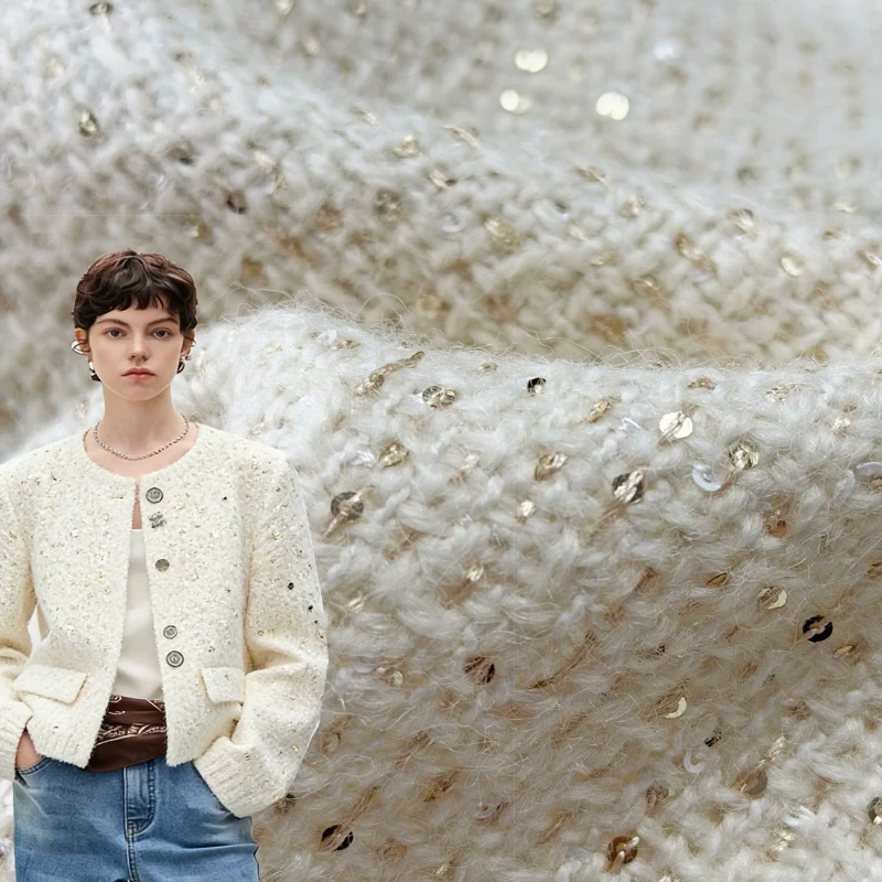 Tela de Tweed con Lentejuelas Estilo Chanel, Importada de Japón, Color Blanco Hueso, Ligera, para Chaqueta, Top, Conjunto de Primavera/Otoño, Costura DIY