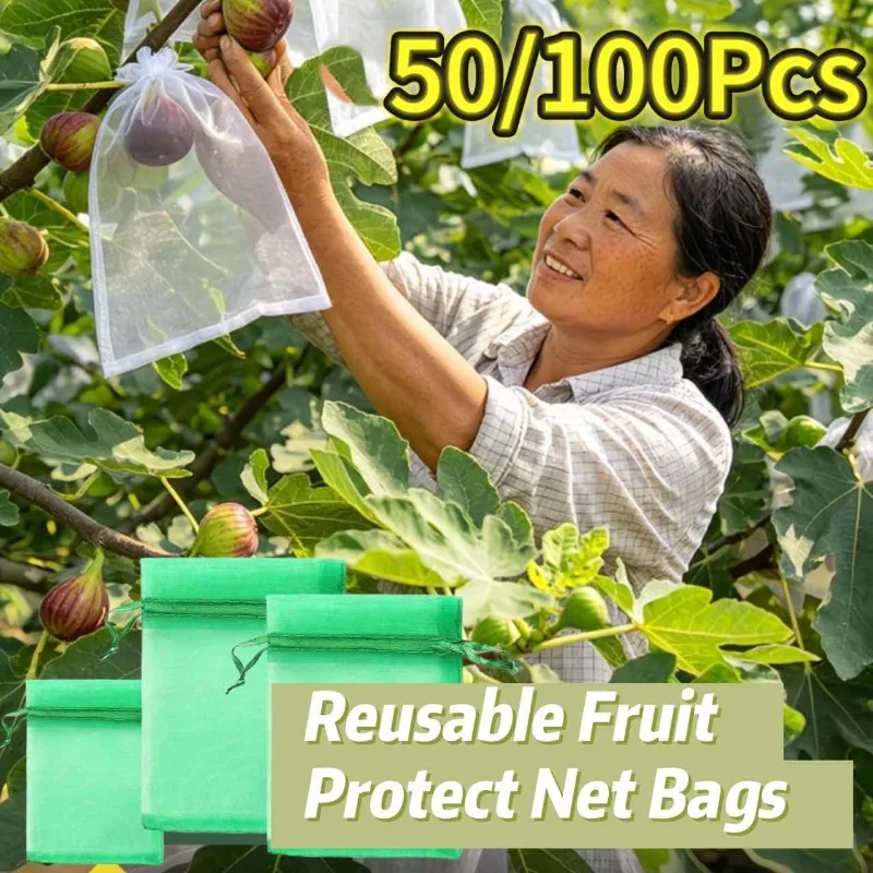 50-100PCS Reusable Fruit Protect Net Bags Drawstring Green Gardening Pest Barrier Cover for Trees Vegetables Grapes Strawberries