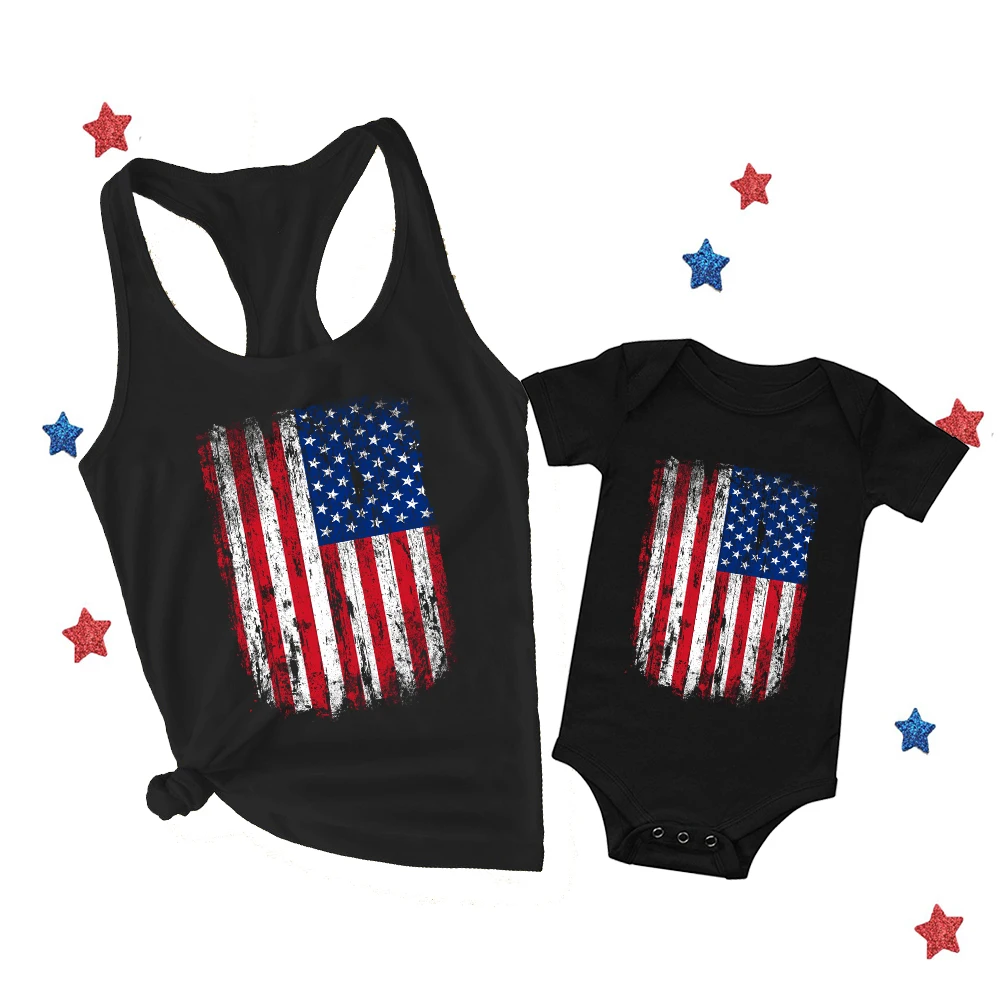 4th of July Vintage Patriotic Shirts Mother & Child Matching Outfit Mommy Tank Tops Baby Boy Bodysuit Fourth of July Family Look