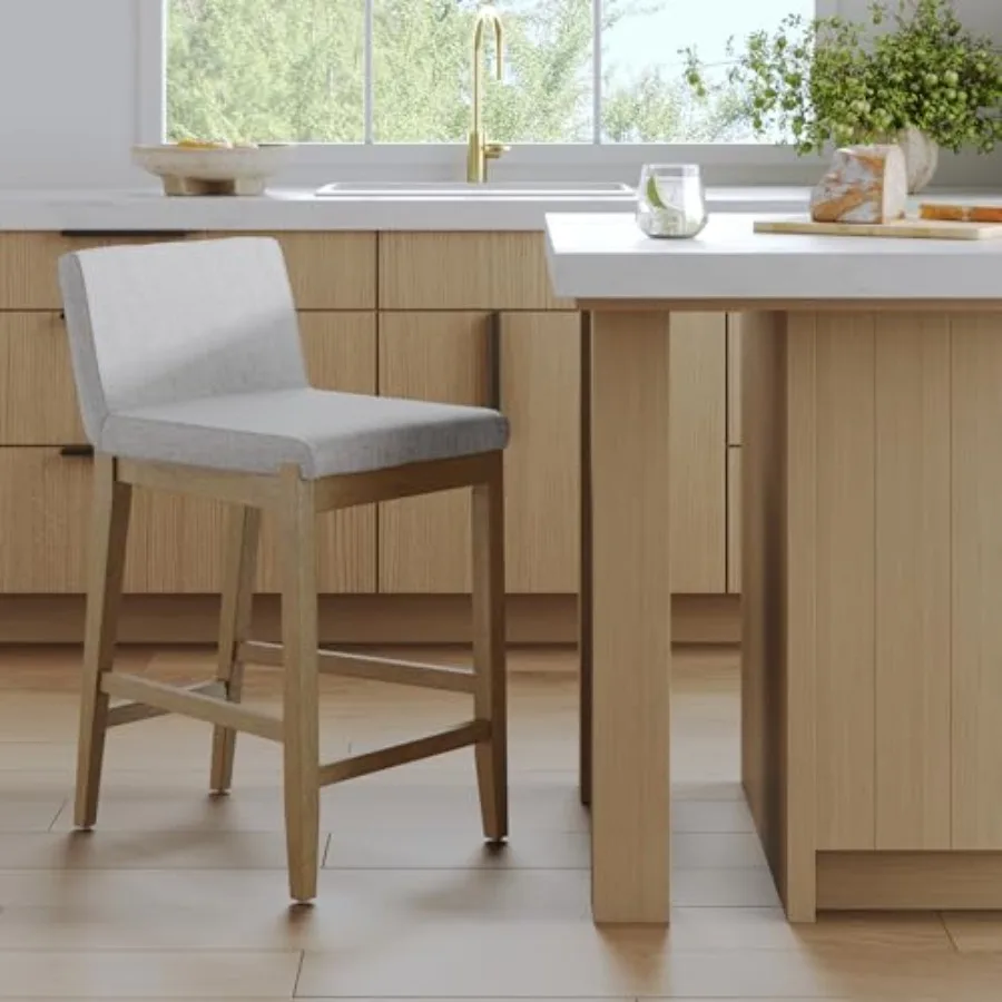 

Барный стул Gracie Modern с высокой спинкой, обитый тканью, для кухонного острова, на ножках из массива дерева, серый/светло-коричневый