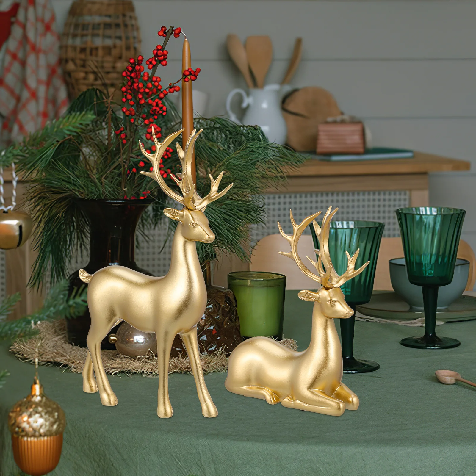 

2Pcs Xmas Elk Sculpture Resin Statue Desktop Decoration Christmas Ornament Home Decor Elk Ornament Desktop Decor