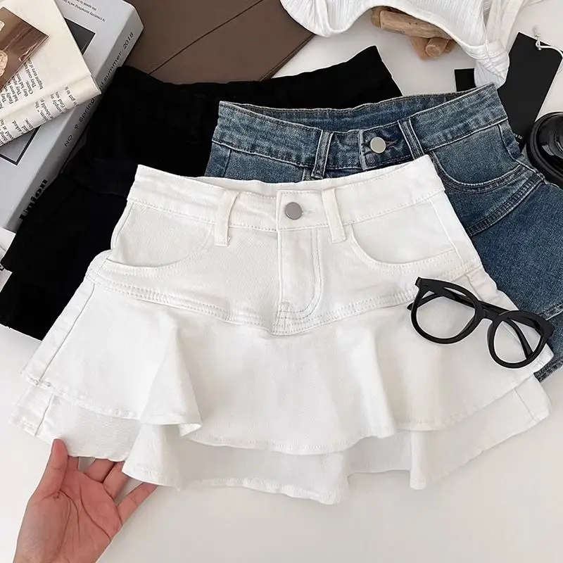 Design Double-layer Ruffle Edge High Waist Pleated Denim Skirt Anti-light Short Skirt for Women