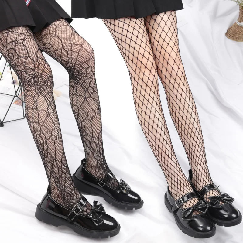 Sexy Netzstrumpfhose in Schwarz im Lolita-Stil, Kawaii Lange Fischnetz-Strumpfhose, JK Superelastische Retro Geometrische Spinnennetz Y2K Strümpfe