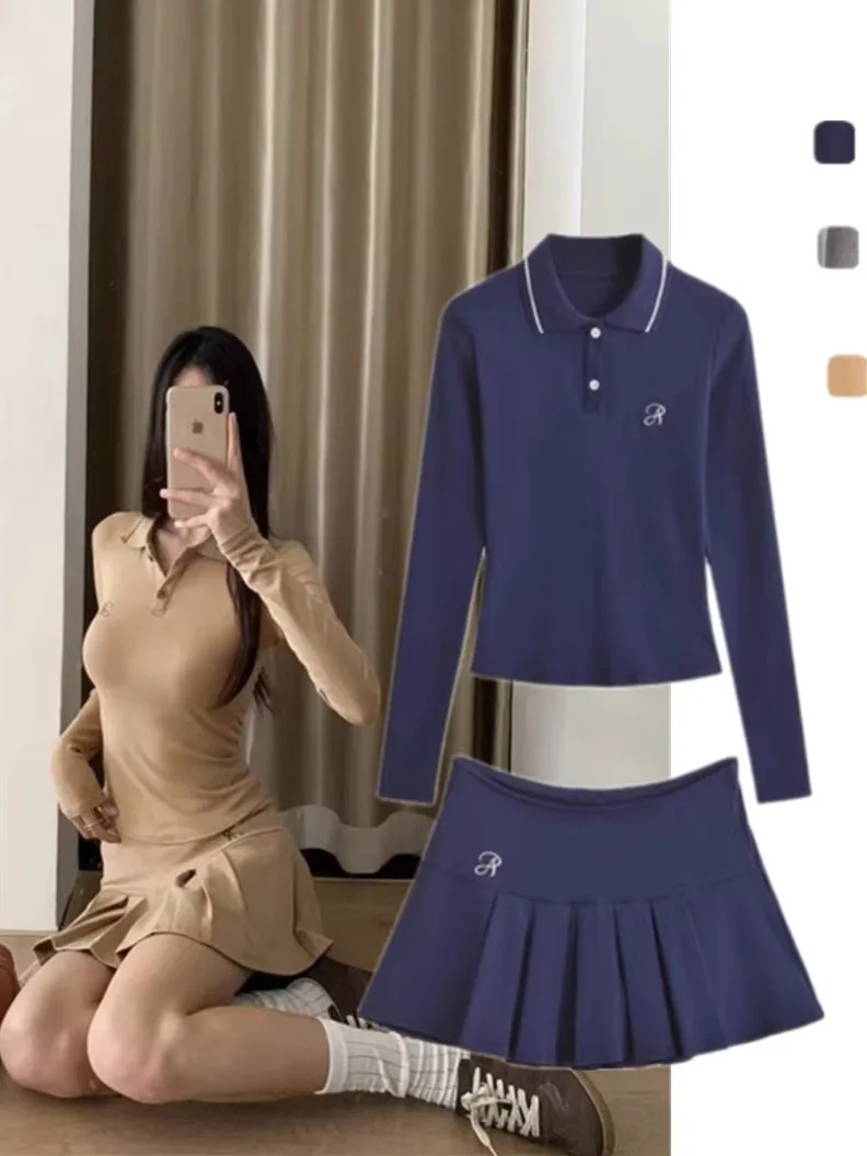 

Retro American College Sle Embroidered Letter Ne Long Sve T-irt And Skirt Set Casual Sports Sle for Women