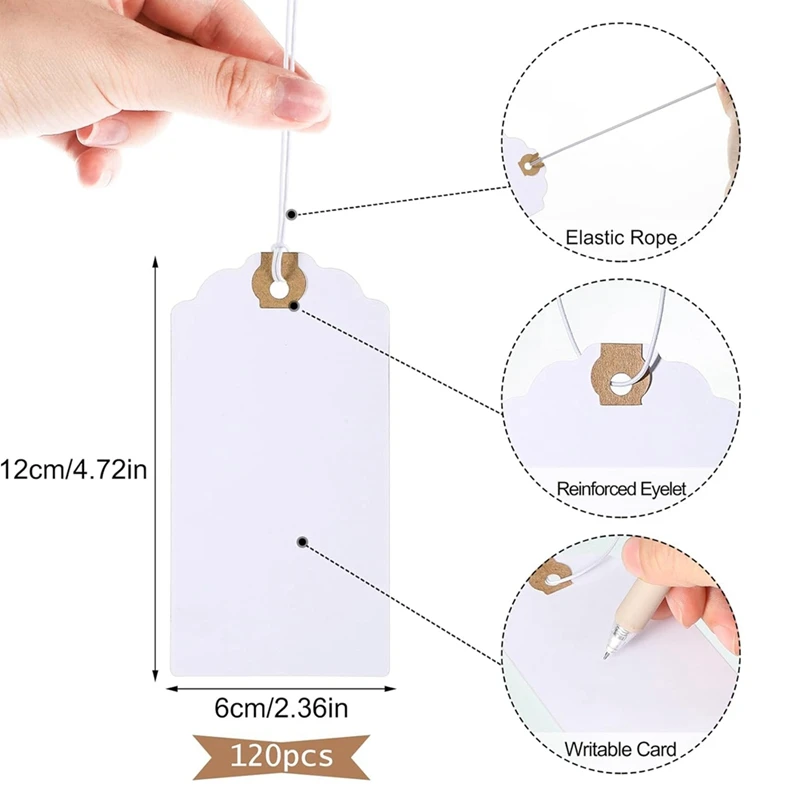 Juego de etiquetas colgantes con cuerda elástica, Kit de etiquetas grabables con agujero reforzado adjunto, 4,76x2,36 pulgadas, paquete de 120