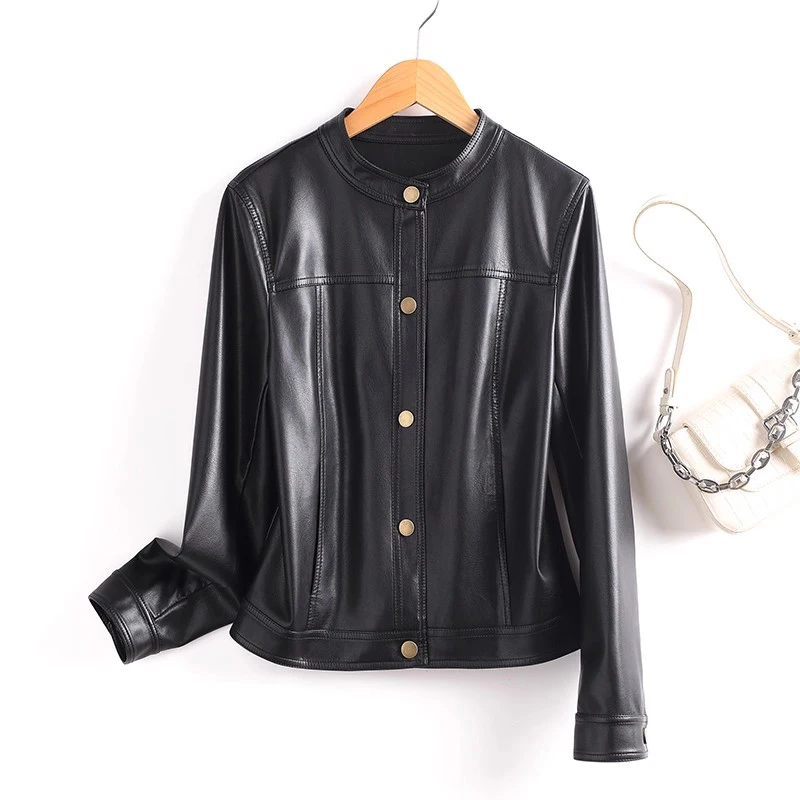 Neu Damen Schlichtheit Spaltleder Jacke Frühling Herbst Mode Rundhalsausschnitt Einreihig Lockere Passform Ledermantel Freizeitjacke Damen