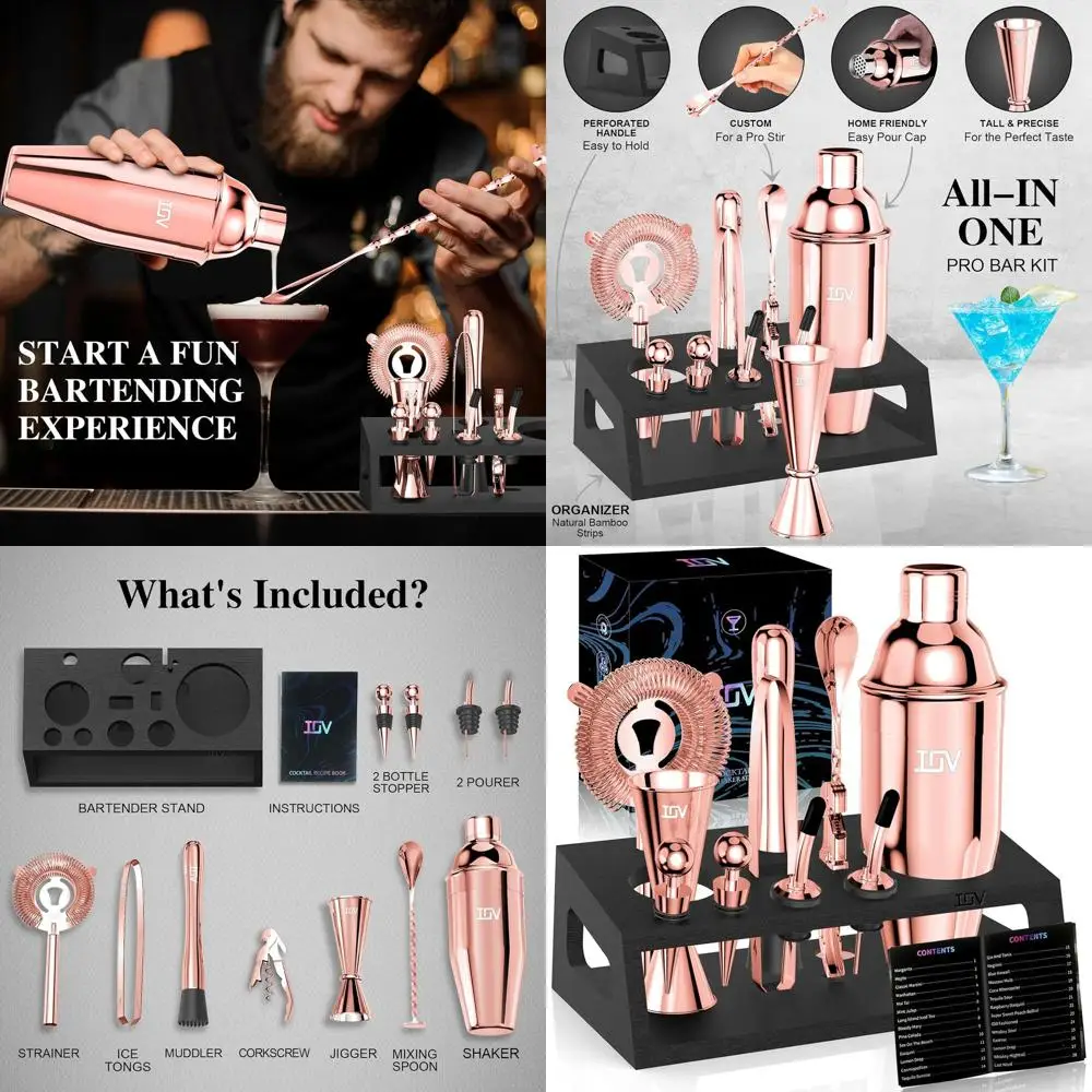 Juego de Coctelería de 12 Piezas en Oro Rosa con Soporte | Coctelera para Martini de 24 oz | Juego Completo de Herramientas de Bar y Folleto de Recetas | Casa Perfecta