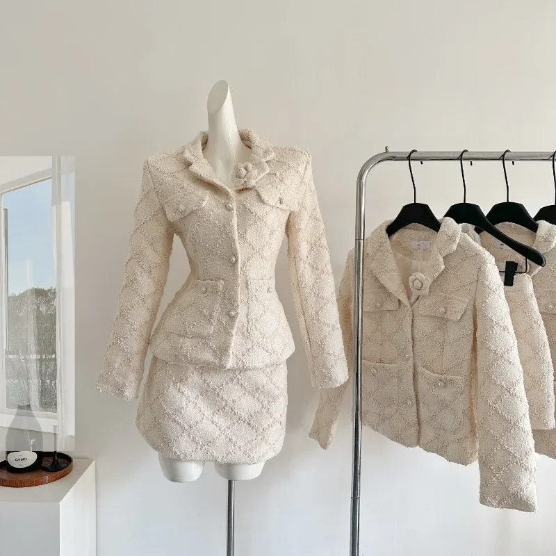 

2024 Autumn and Winter New Women Two Piece Skirt Sets Elegant Suit Collar Long Sleeve Slim Jacket + High Waist A Line Mini Skirt