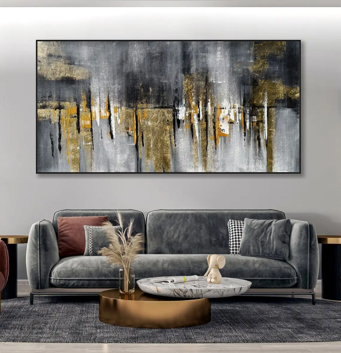 Large Minimalist Acrylic Canvas Hand Painted Oil Painting Long Slim Panoramic Gold Leaf Black Simple Easy Abstract Wall Art