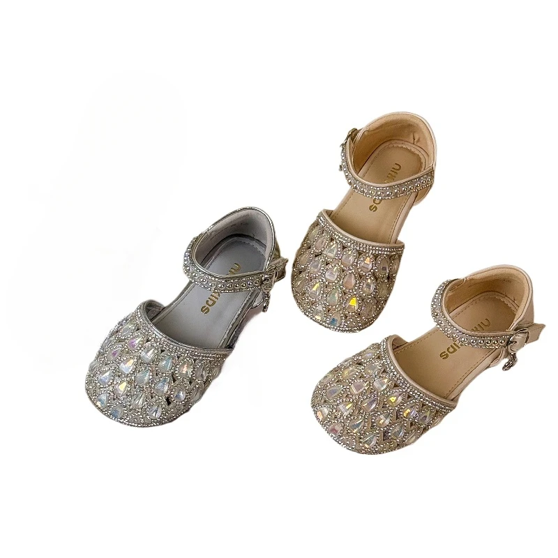 

Summer Children Girls Princess Fashion Wrapped Toe Crystal Soft Single Shoes Kids Toddler PU Leather Pearl Rhinestone Sandals