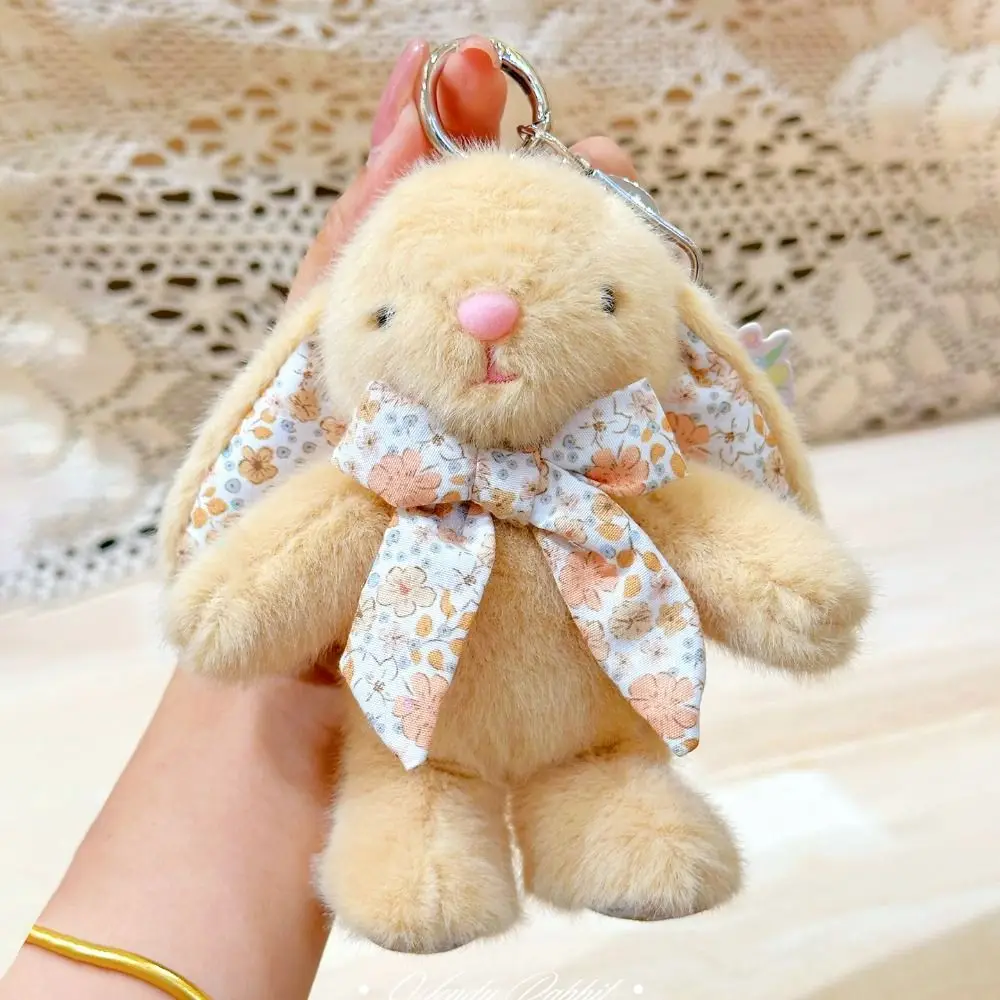 Flower Bowknot Plush Rabbit Keychain Soft Cute Bag Hanging Pendant Plush Stuffed Cartoon Car Key Pendant Gifts