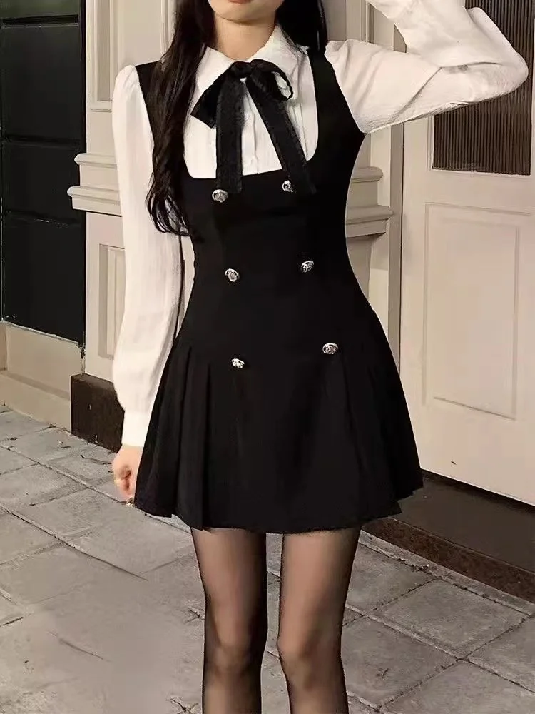 

French Bow Fake Two Pieces Mini Dress Elegant Korean Fashion Long Sleeve Buttons A-line Dresses Preppy Style Vestidos Female