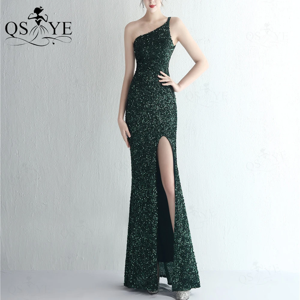 One Shoulder Green Evening Dresses Mermaid Sequin Prom Gown Glitter Lace Long Formal Party Open Split Women Fashion Prom Dress