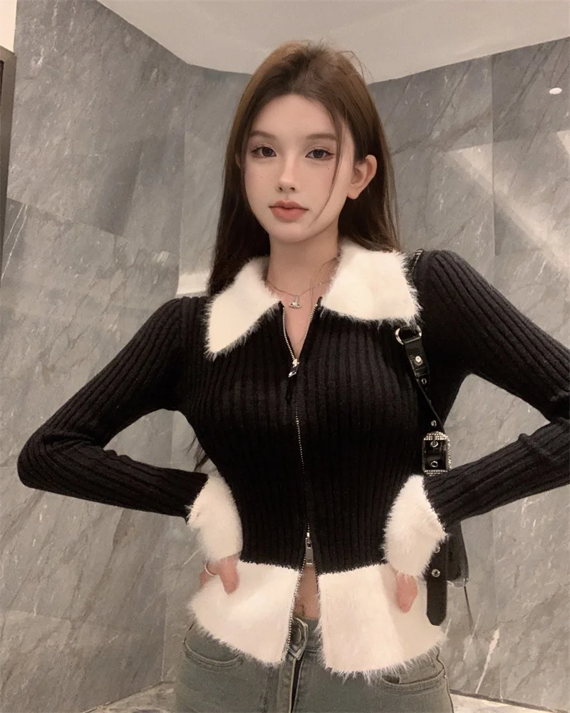 Zip Up Ribbed Knit Top with Fuzzy Collared Long Sleeve Crop Sweater Cardigan for Women Teen-girl Y2K 90s Outfit