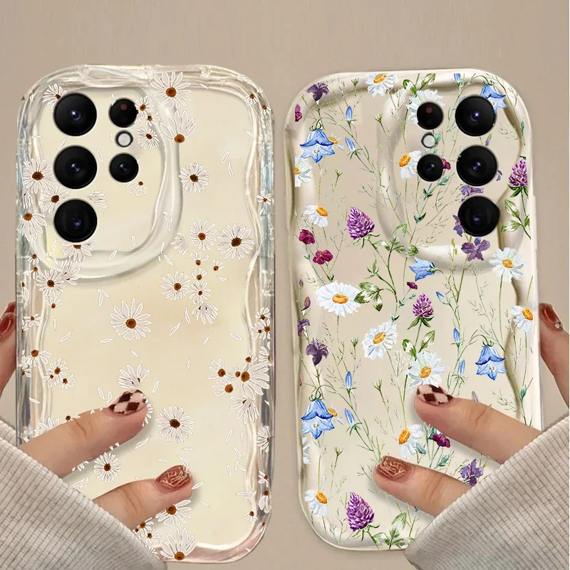 Luxury Daisy Flower Leaves Plant Silicone Case For Samsung Galaxy S25 FE S26 Ultra 5G S24 S22 S23 S21 S20 Plus Ultra FE Casing