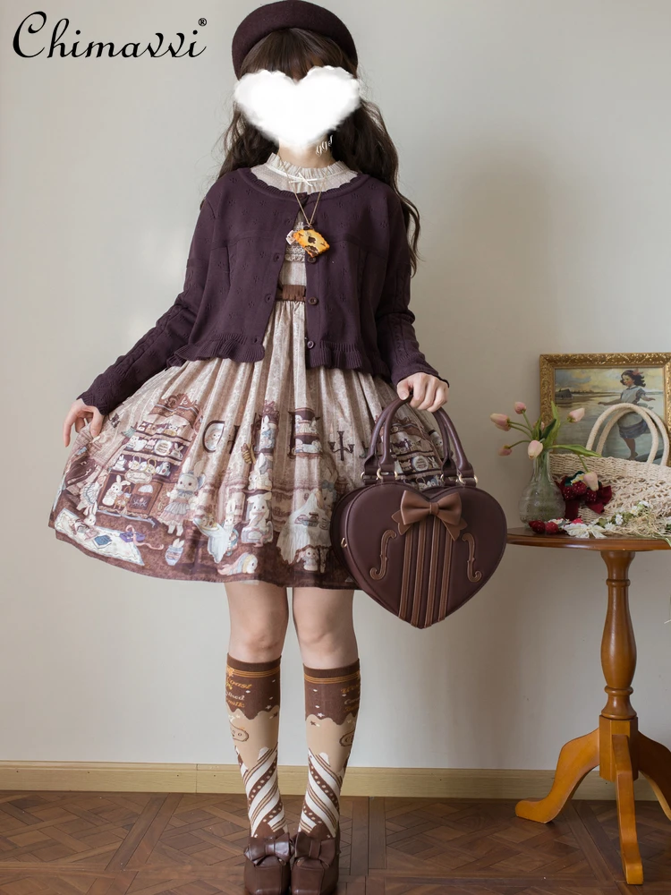 موضة الجولة الرقبة لوليتا سترة قصيرة 2025 الخريف ملابس جديدة الحلو فتاة طويلة الأكمام الرجعية لطيف محبوك سترة للنساء