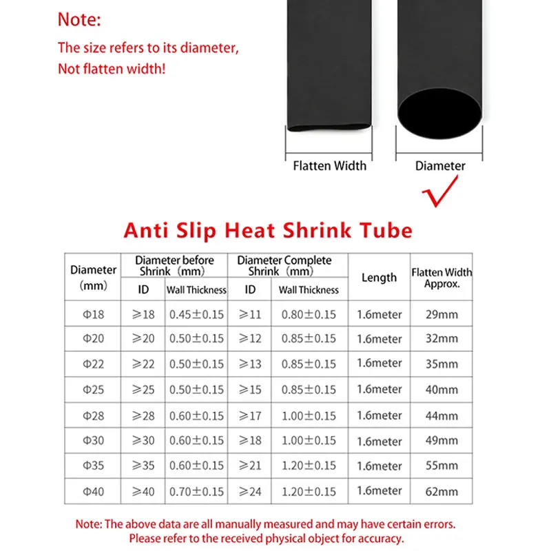 1.6m/Piece Non Slip Heat Shrink Tube Solid Black 18/20/22/25/28/30/35/40mm Waterproof Anti-slip Fishing Rod Racket Handle Wrap