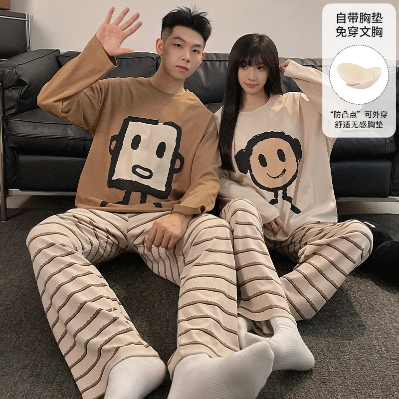 Couples's Loungewear Man and Woman Matching Sleepwear Spring and Autumn Long-sleeved Trouser pajama Cartoon Cute Bread Nightwear