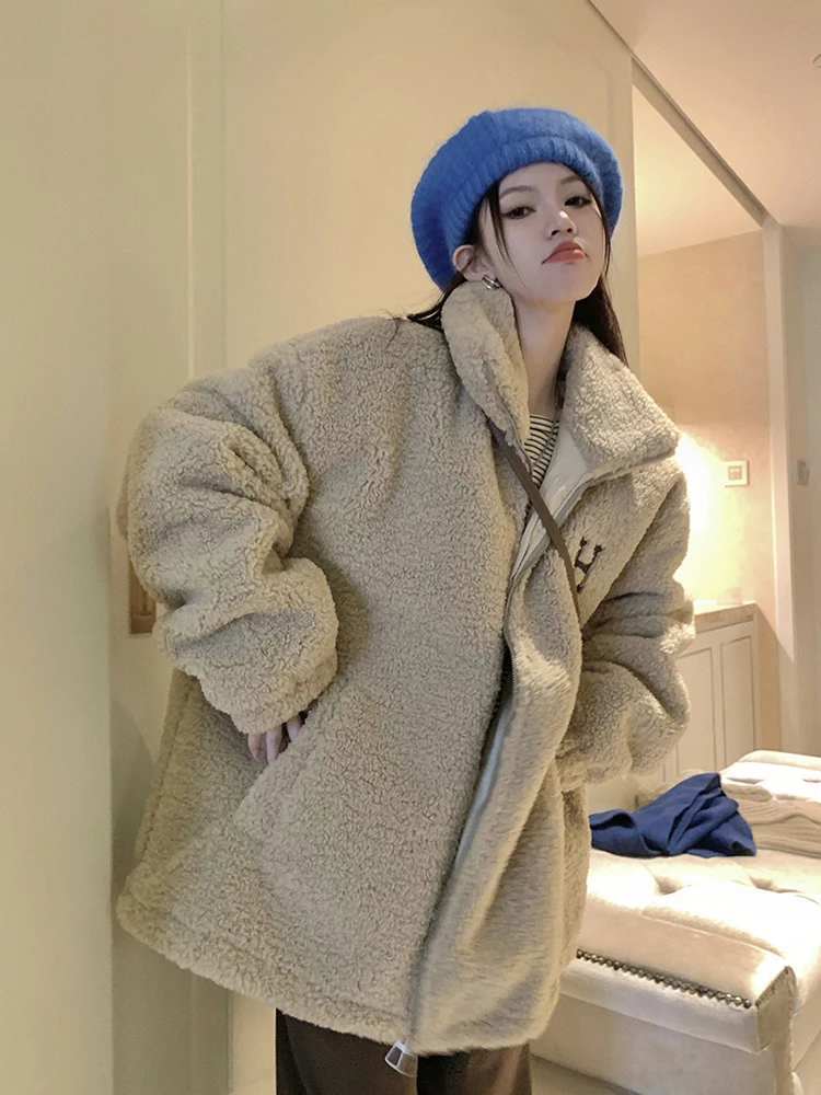 

Women Faux Rabbit Fur Coat Thick Warm Fashion Retro Loose Long Sleeve Overcoat Female Plush Teddy Coats Cutecore Clothes Winter